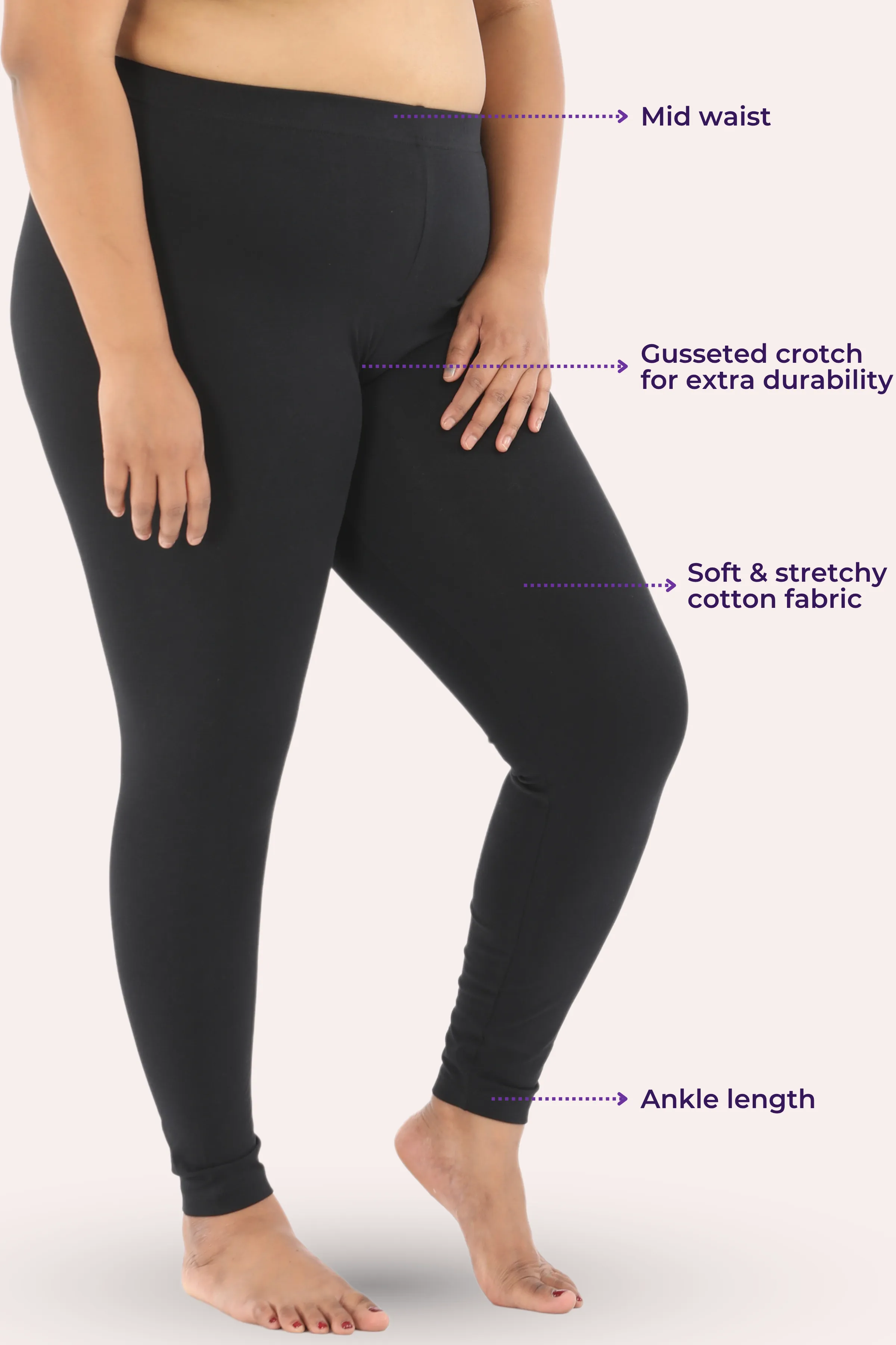 Plus Size Leggings For Women | Mid Waist | Ankle Length | Soft Cotton & Elastane Blend | Non-See-Through | Gusset Crotch Prevents Ripping - Image 3