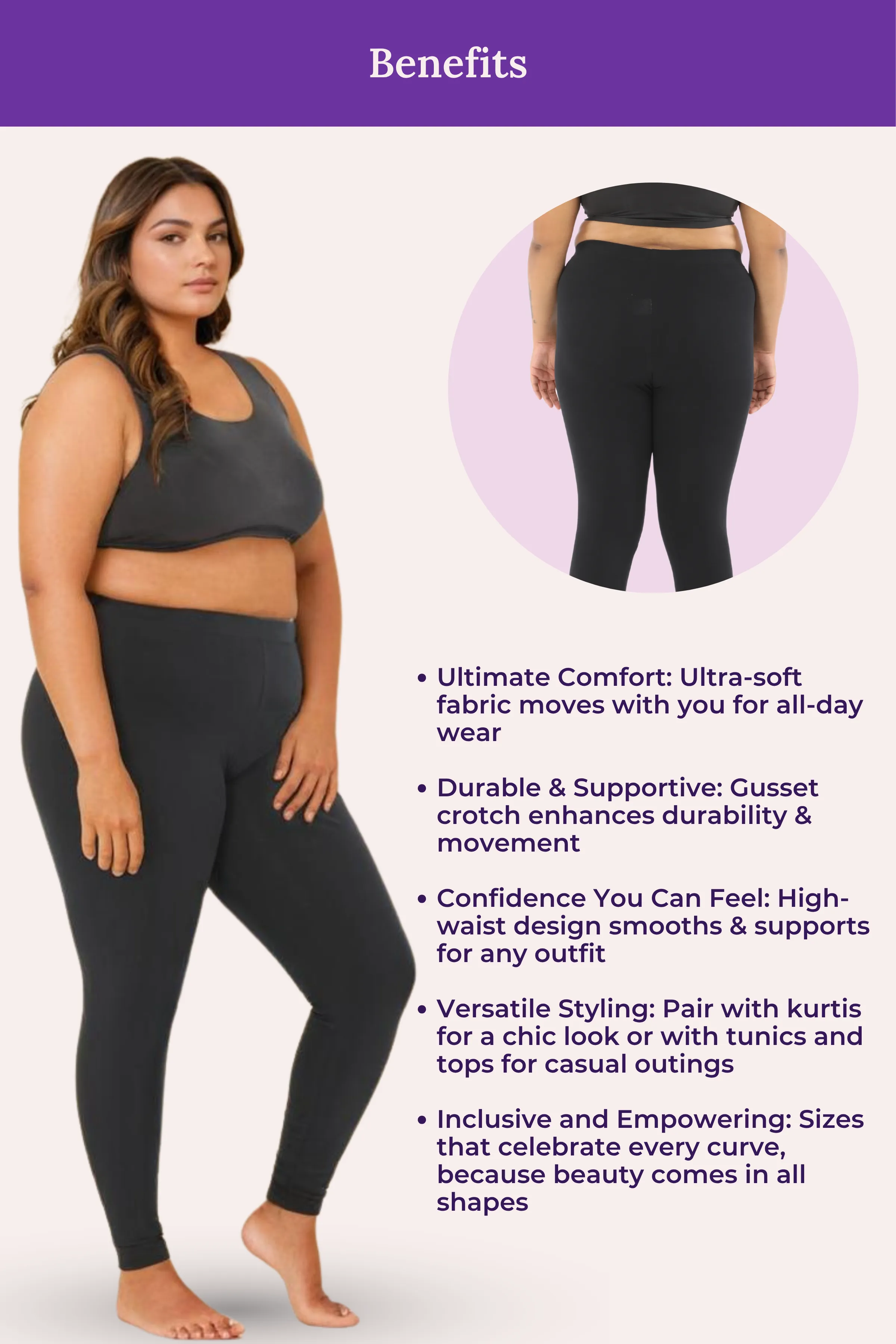 Plus Size Leggings For Women | Mid Waist | Ankle Length | Soft Cotton & Elastane Blend | Non-See-Through | Gusset Crotch Prevents Ripping - Image 6
