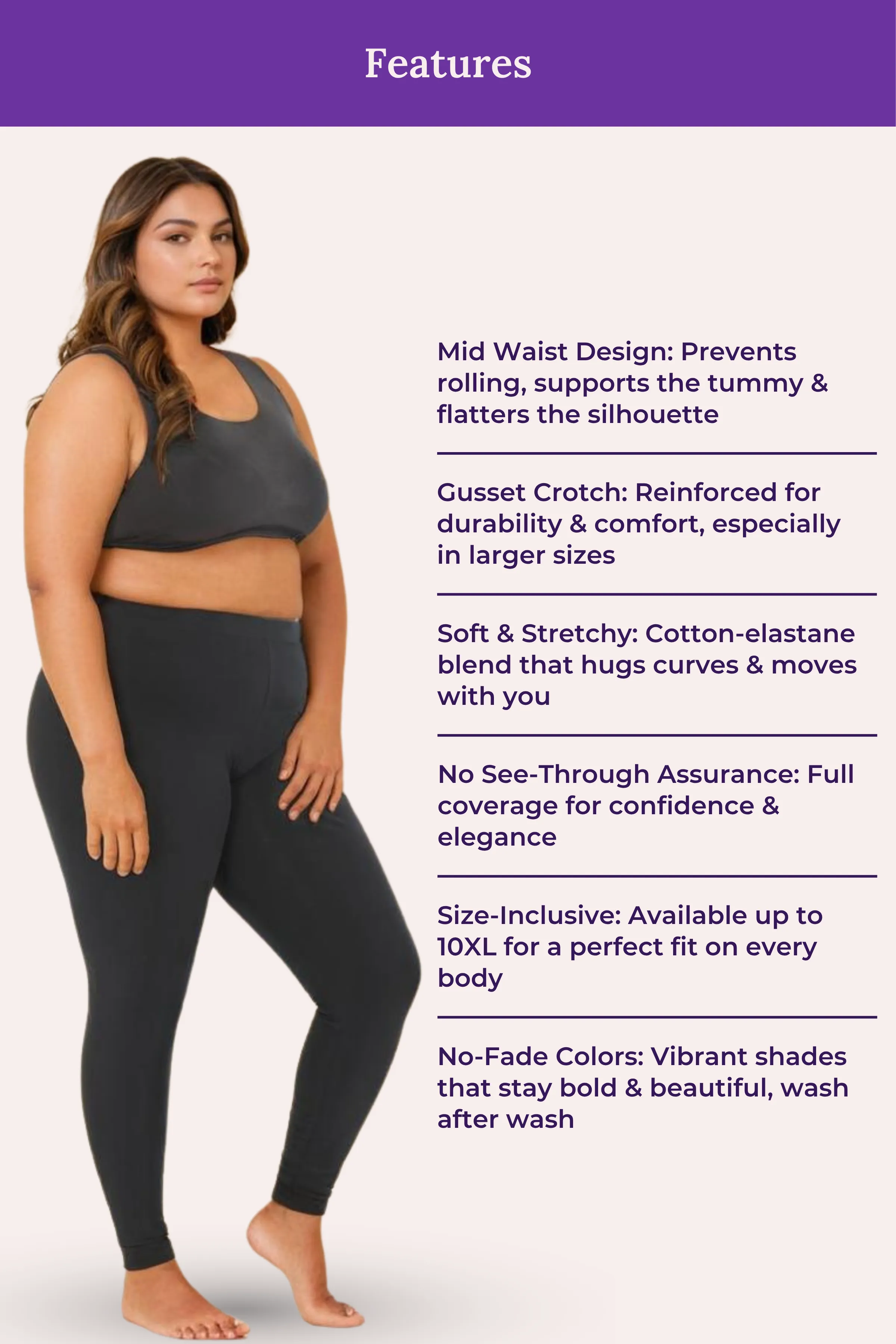 Plus Size Leggings For Women | Mid Waist | Ankle Length | Soft Cotton & Elastane Blend | Non-See-Through | Gusset Crotch Prevents Ripping - Image 7