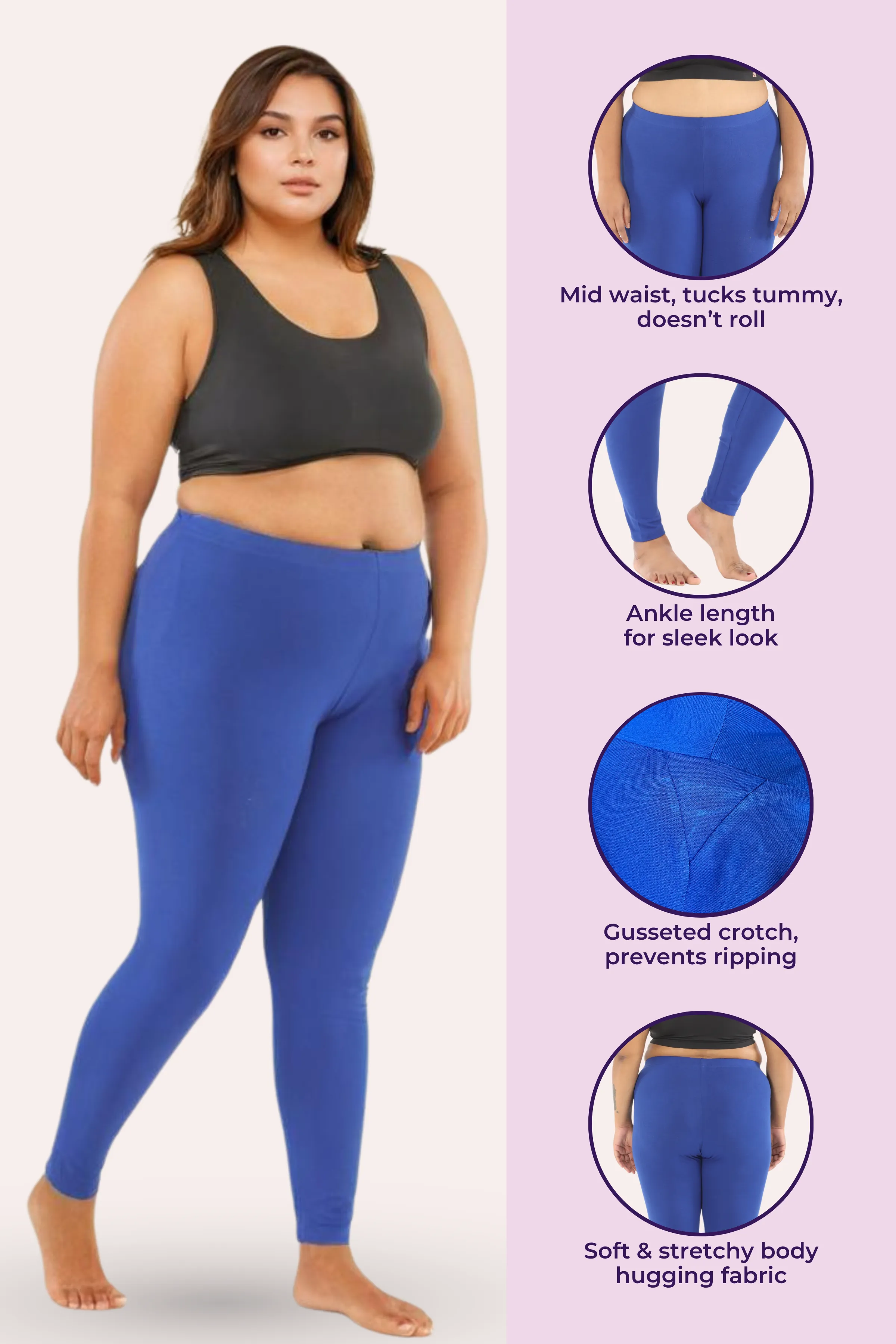 Plus Size Leggings For Women | Mid Waist | Ankle Length | Soft Cotton & Elastane Blend | Non-See-Through | Gusset Crotch Prevents Ripping - Image 2