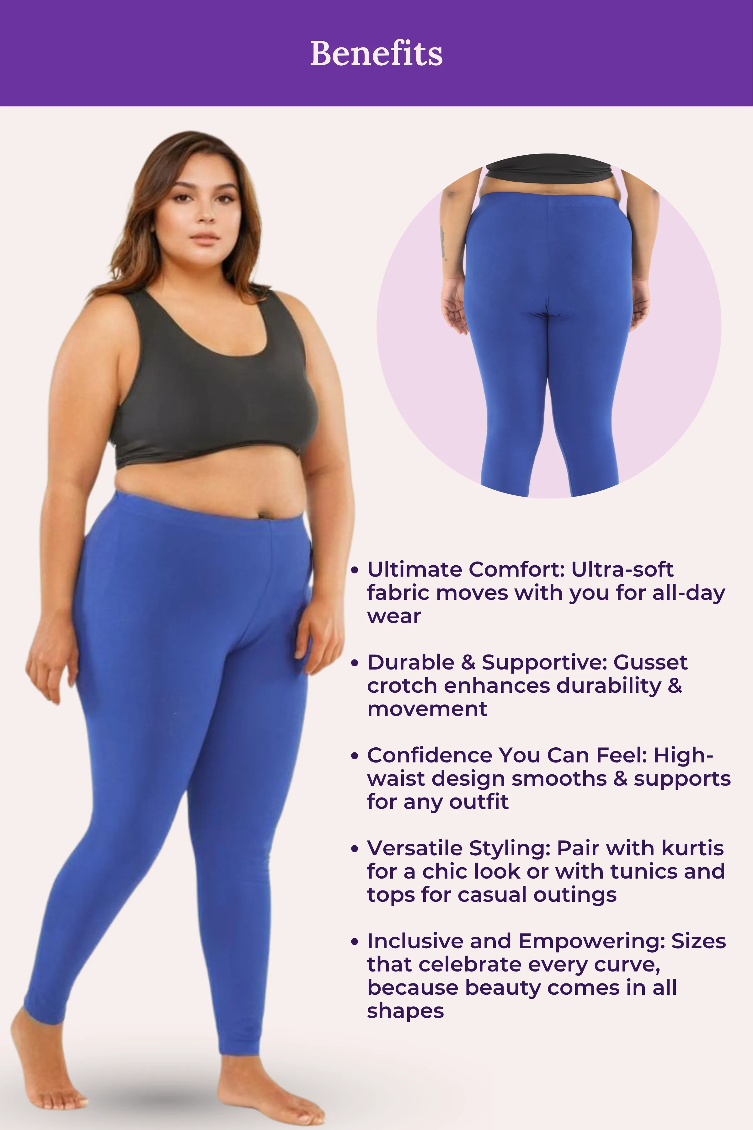 Plus Size Leggings For Women | Mid Waist | Ankle Length | Soft Cotton & Elastane Blend | Non-See-Through | Gusset Crotch Prevents Ripping - Image 6