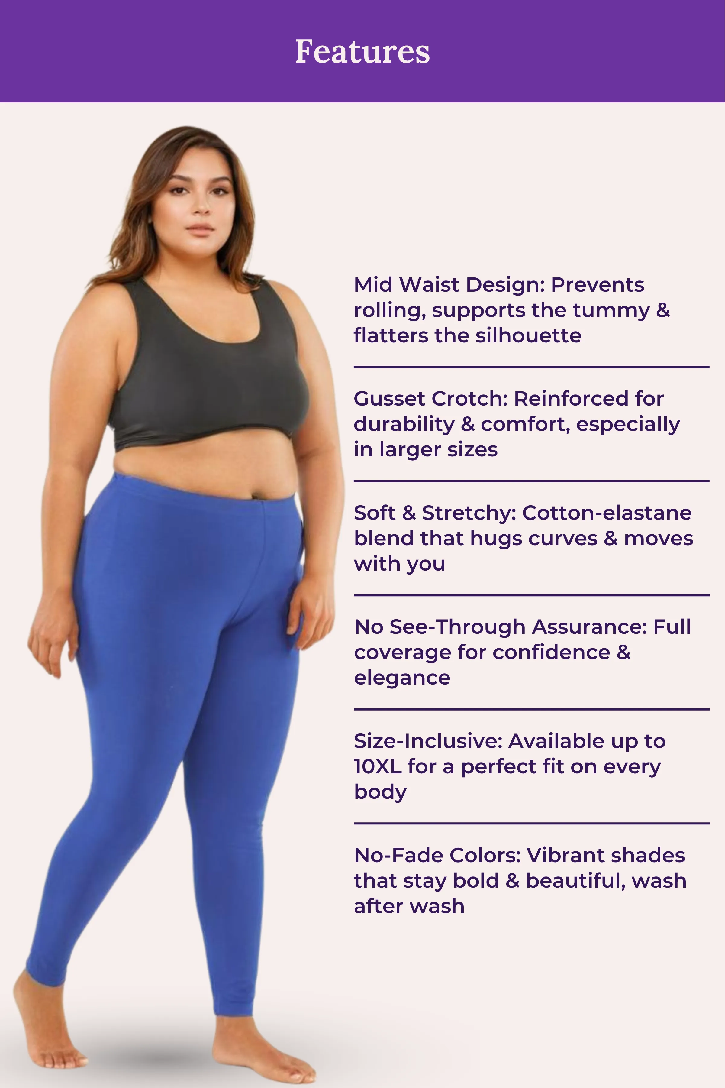 Plus Size Leggings For Women | Mid Waist | Ankle Length | Soft Cotton & Elastane Blend | Non-See-Through | Gusset Crotch Prevents Ripping - Image 7