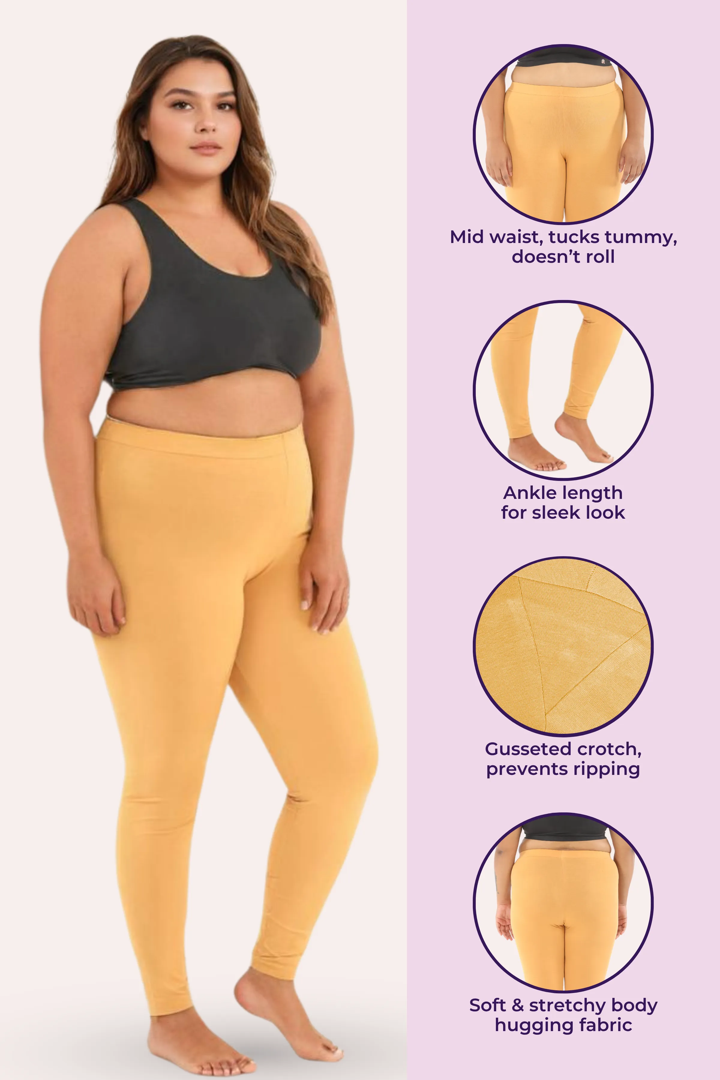 Plus Size Leggings For Women | Mid Waist | Ankle Length | Soft Cotton & Elastane Blend | Non-See-Through | Gusset Crotch Prevents Ripping - Image 2