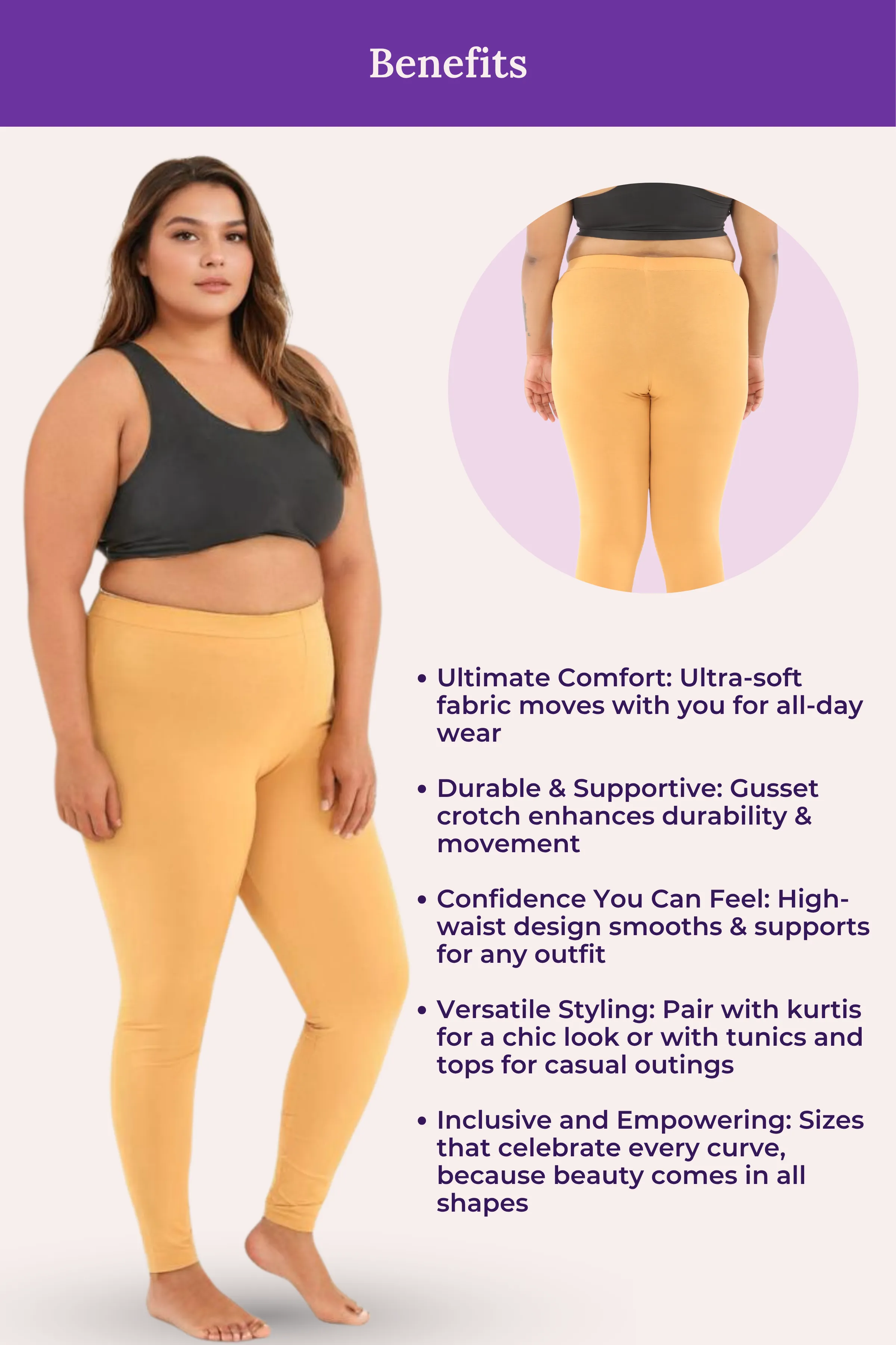 Plus Size Leggings For Women | Mid Waist | Ankle Length | Soft Cotton & Elastane Blend | Non-See-Through | Gusset Crotch Prevents Ripping - Image 6