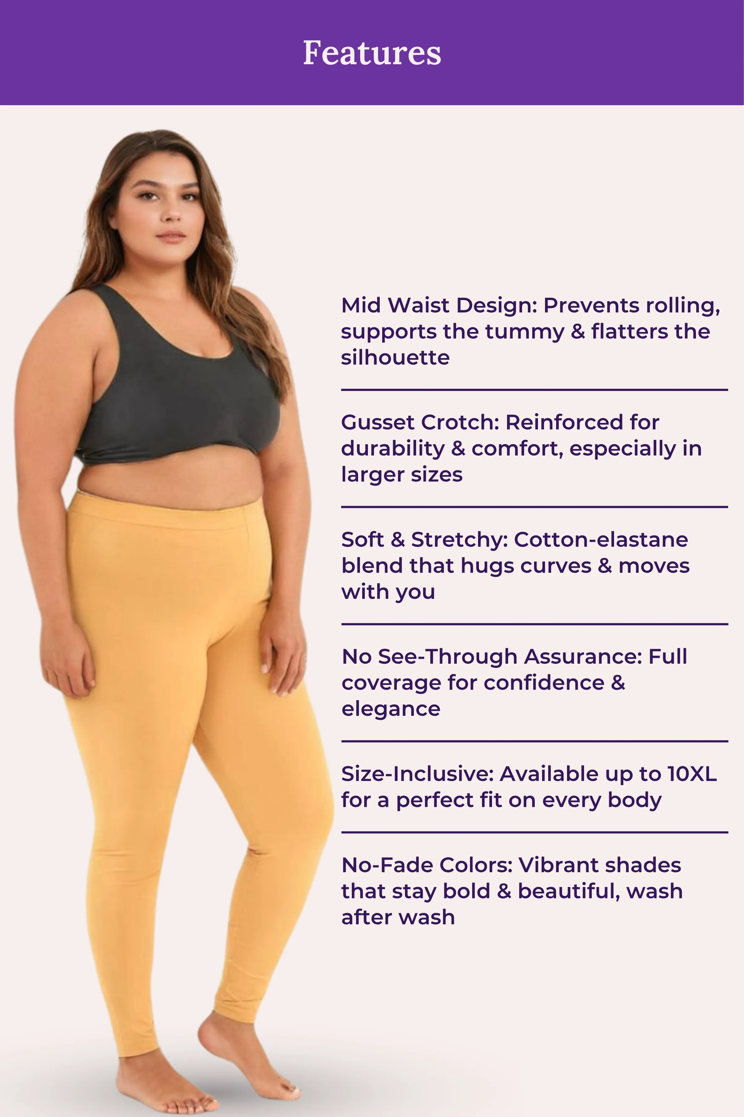 Plus Size Leggings For Women | Mid Waist | Ankle Length | Soft Cotton & Elastane Blend | Non-See-Through | Gusset Crotch Prevents Ripping - Image 7