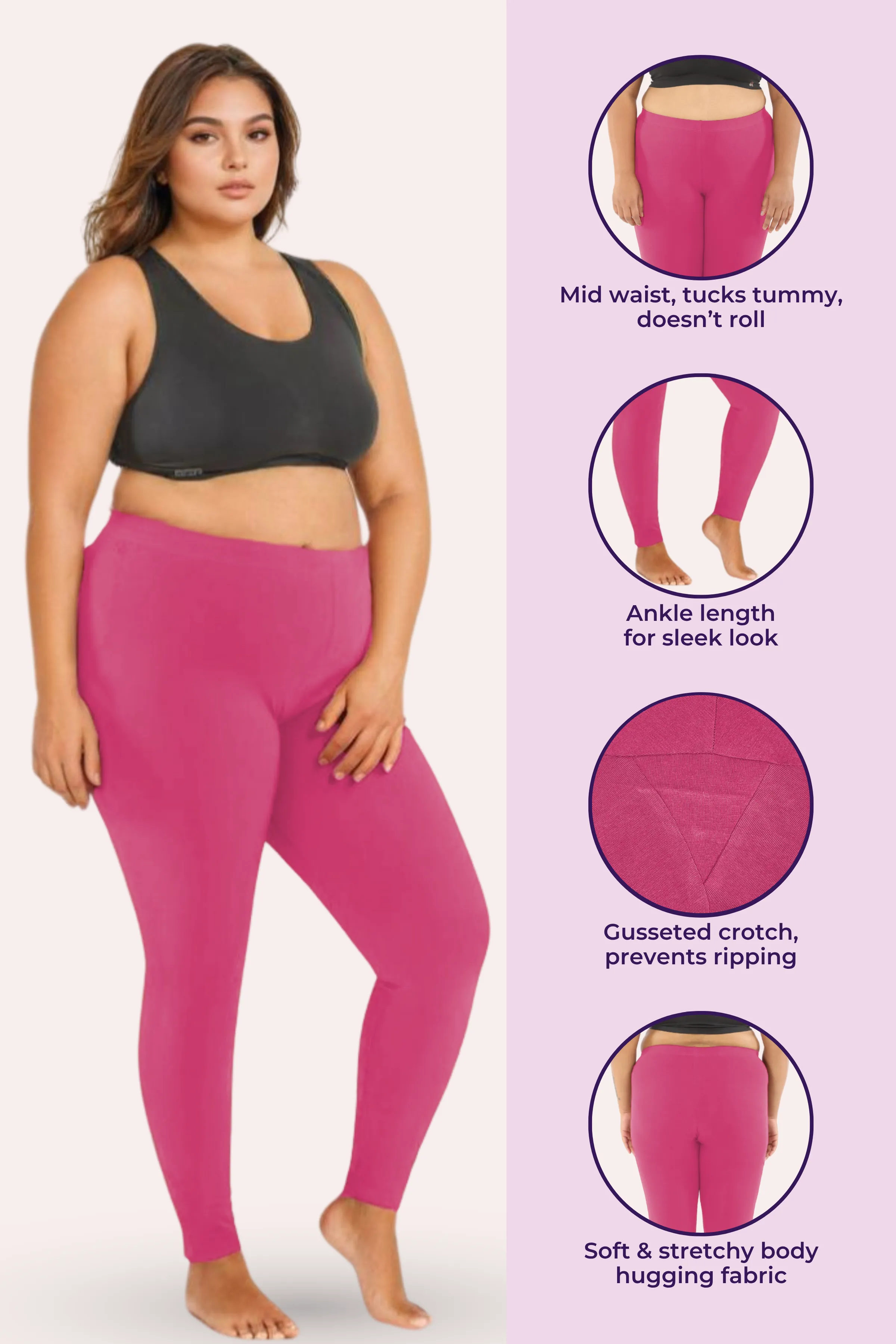 Plus Size Leggings For Women | Mid Waist | Ankle Length | Soft Cotton & Elastane Blend | Non-See-Through | Gusset Crotch Prevents Ripping - Image 2