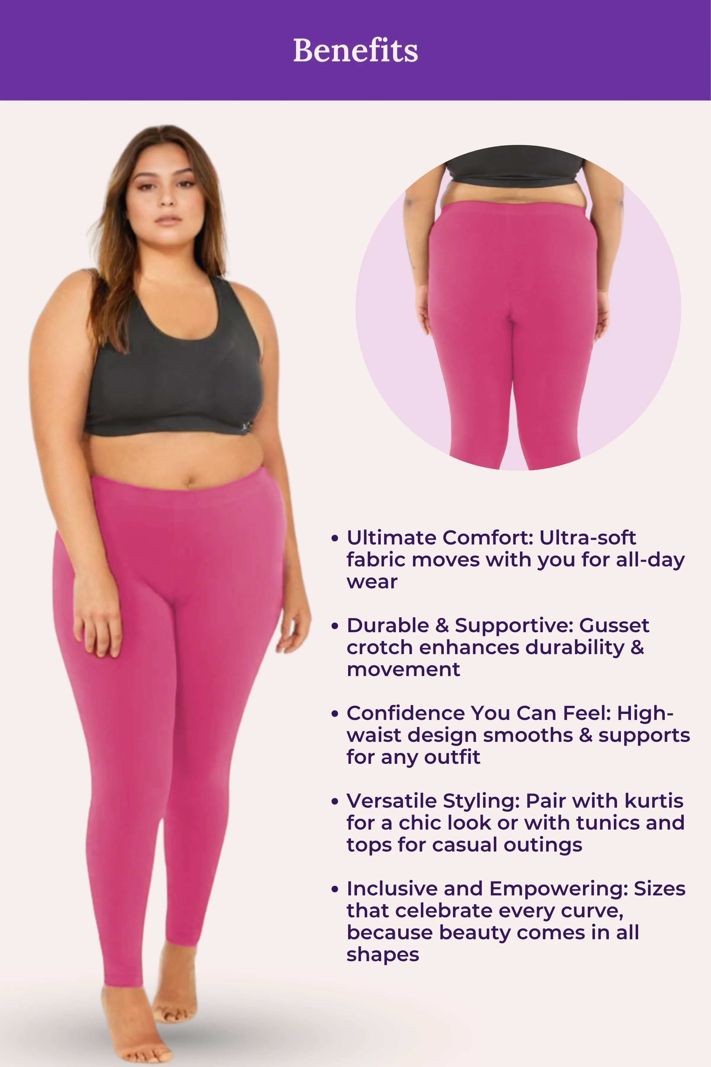 Plus Size Leggings For Women | Mid Waist | Ankle Length | Soft Cotton & Elastane Blend | Non-See-Through | Gusset Crotch Prevents Ripping - Image 6