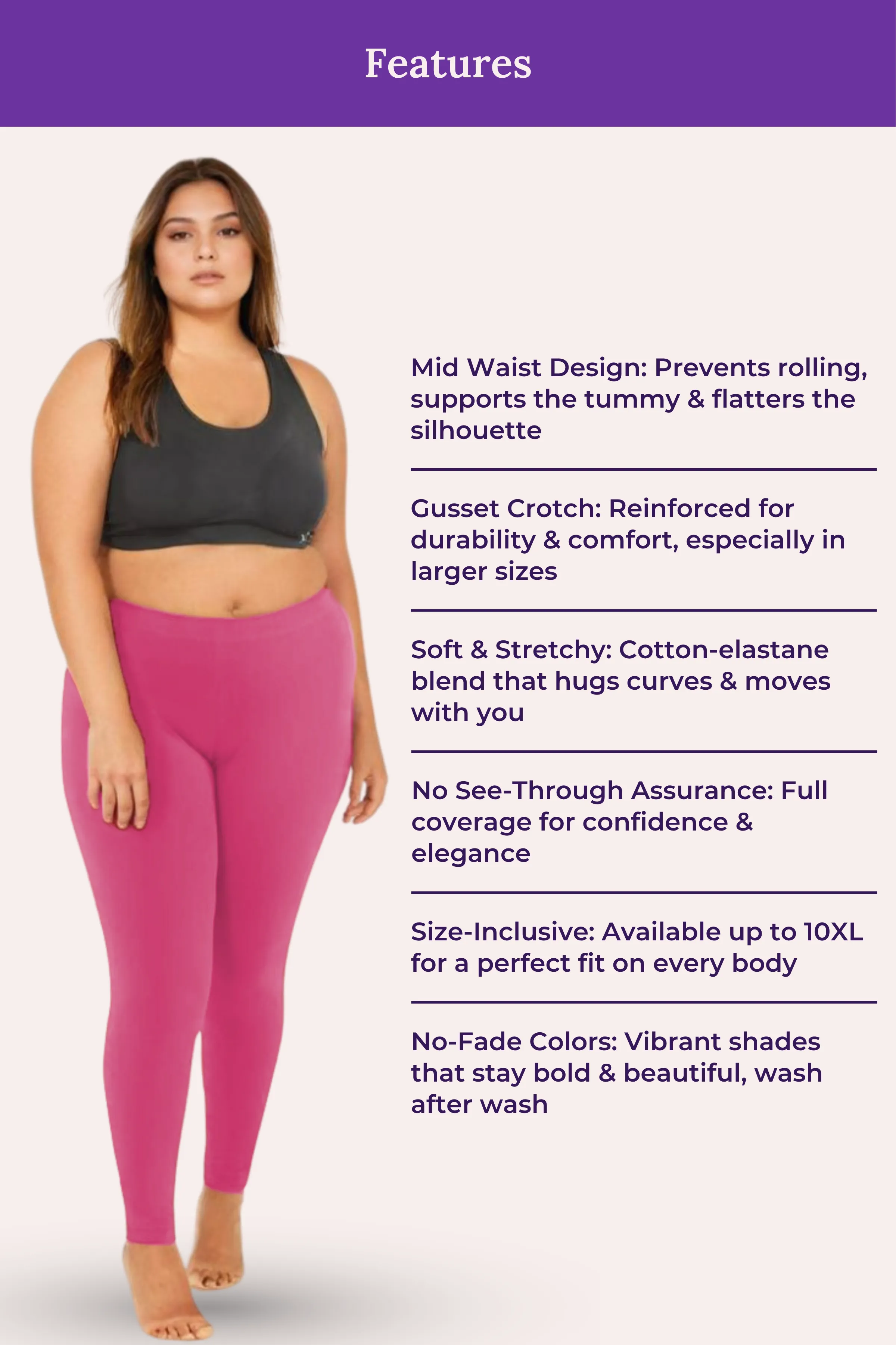 Plus Size Leggings For Women | Mid Waist | Ankle Length | Soft Cotton & Elastane Blend | Non-See-Through | Gusset Crotch Prevents Ripping - Image 7