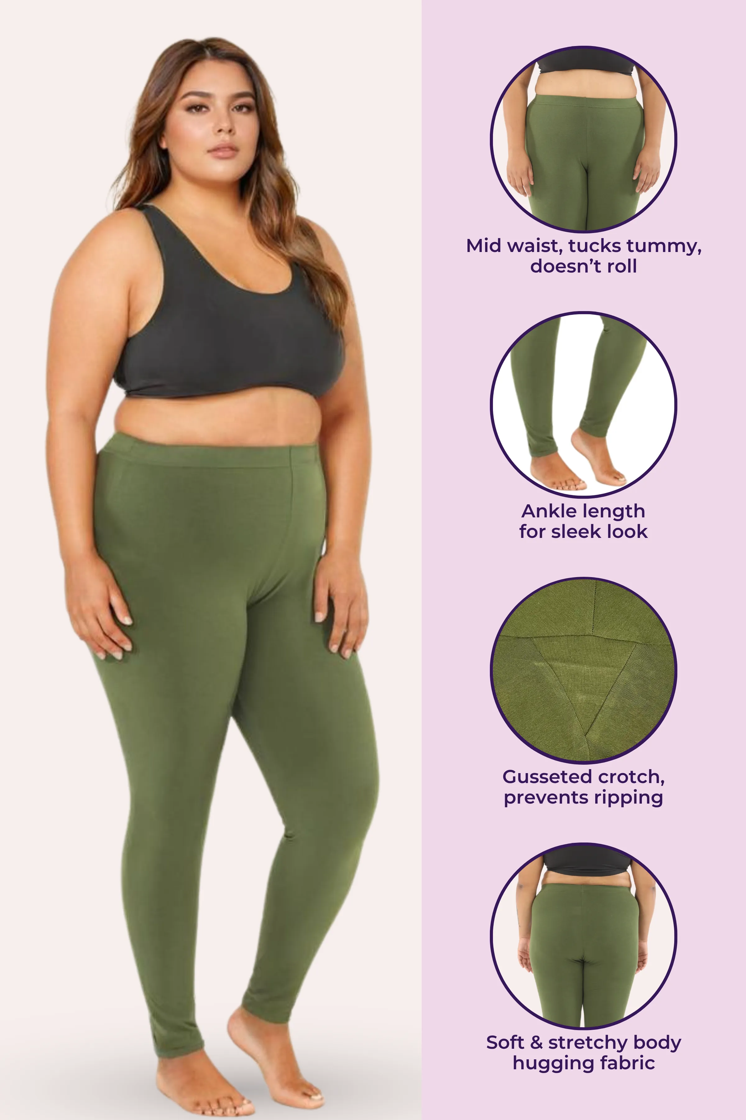 Plus Size Leggings For Women | Mid Waist | Ankle Length | Soft Cotton & Elastane Blend | Non-See-Through | Gusset Crotch Prevents Ripping - Image 2
