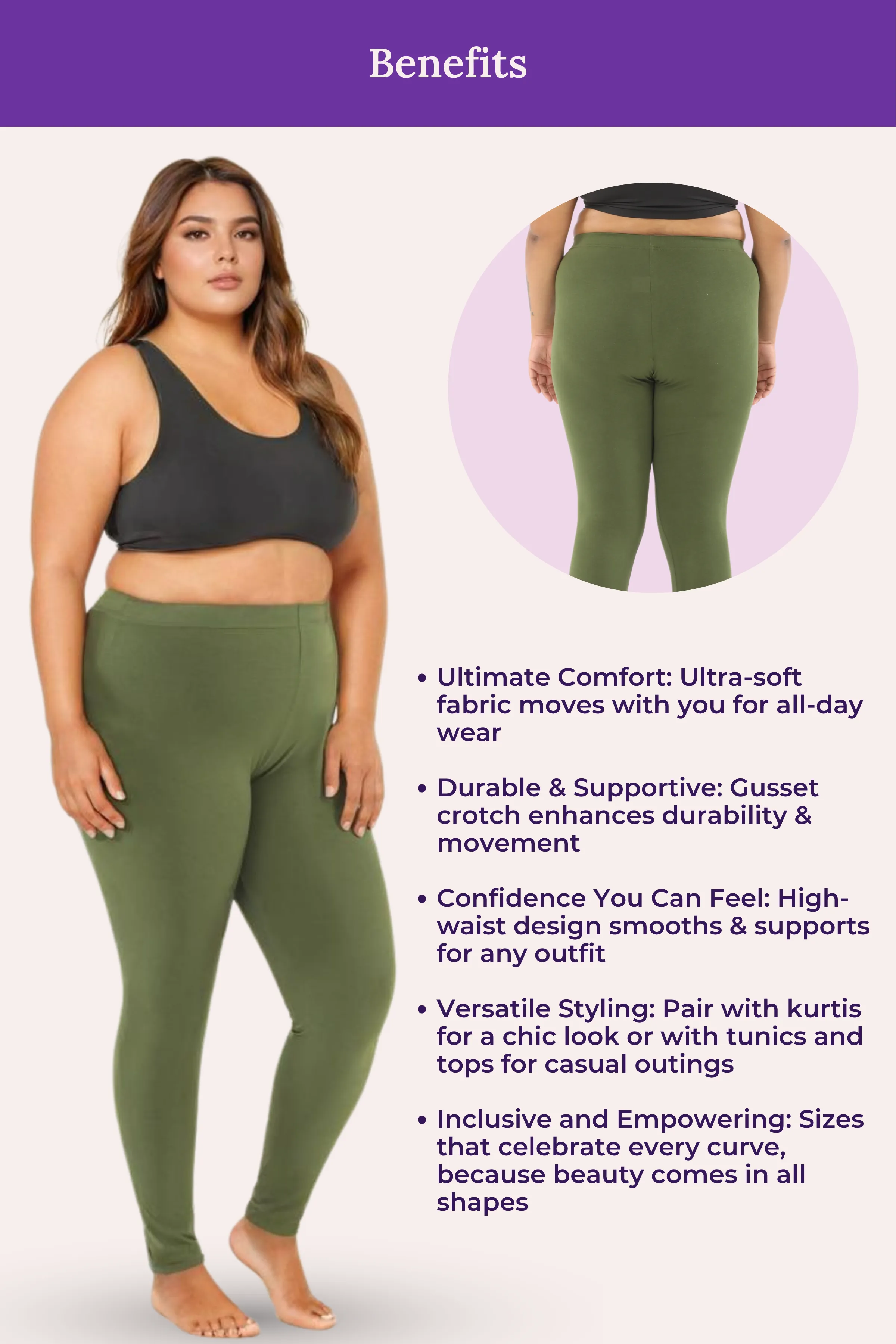 Plus Size Leggings For Women | Mid Waist | Ankle Length | Soft Cotton & Elastane Blend | Non-See-Through | Gusset Crotch Prevents Ripping - Image 6