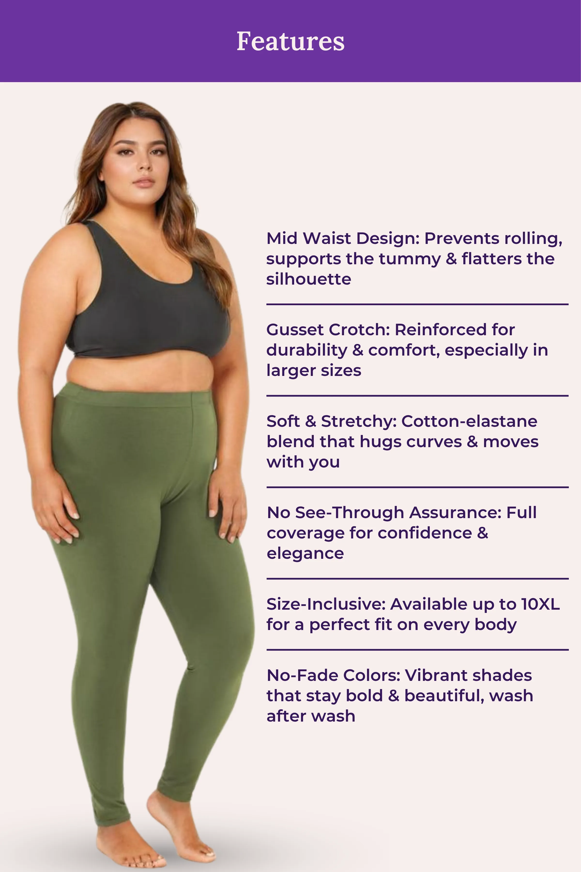 Plus Size Leggings For Women | Mid Waist | Ankle Length | Soft Cotton & Elastane Blend | Non-See-Through | Gusset Crotch Prevents Ripping - Image 7