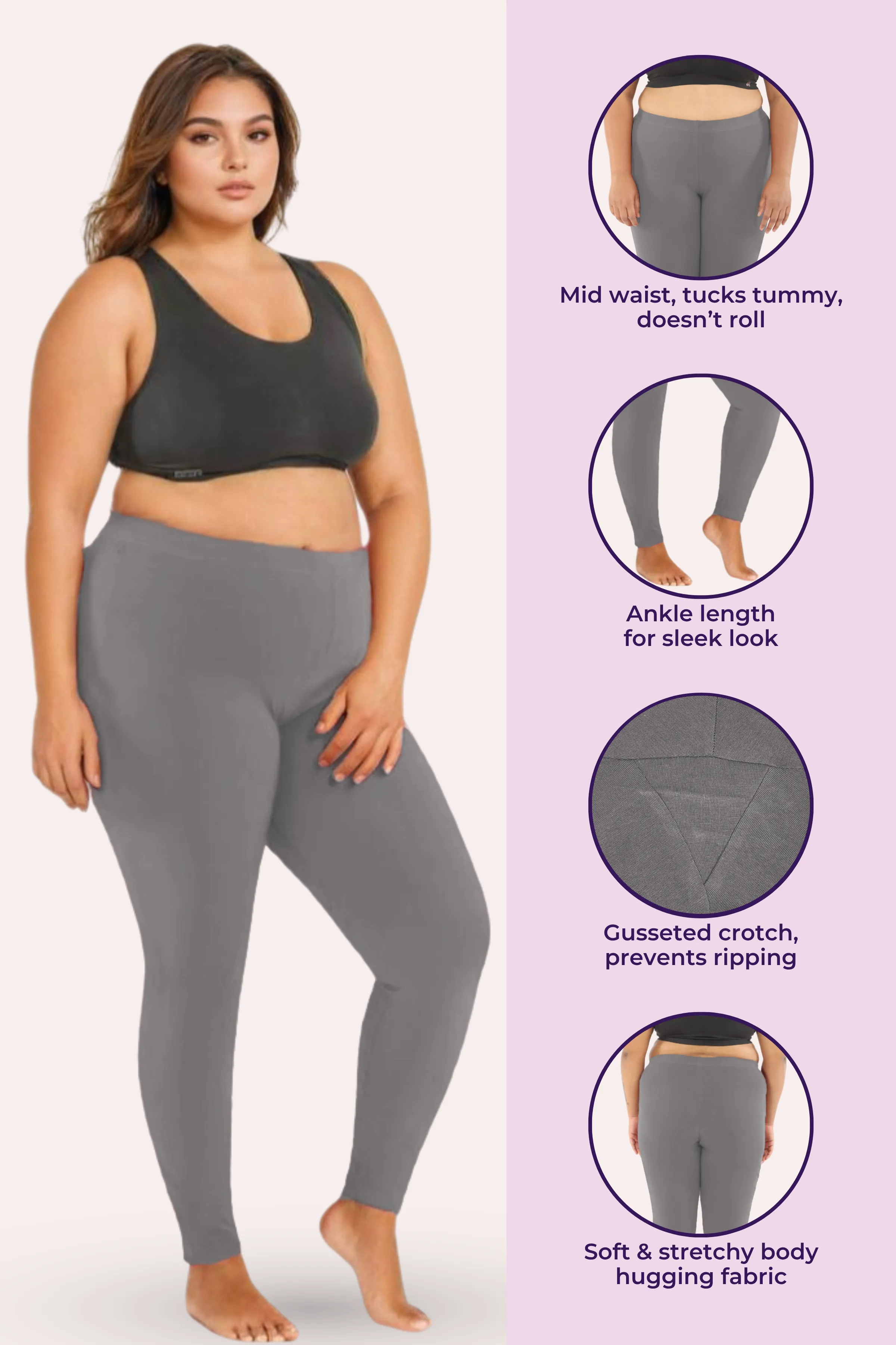 Plus Size Leggings For Women | Mid Waist | Ankle Length | Soft Cotton & Elastane Blend | Non-See-Through | Gusset Crotch Prevents Ripping - Image 2