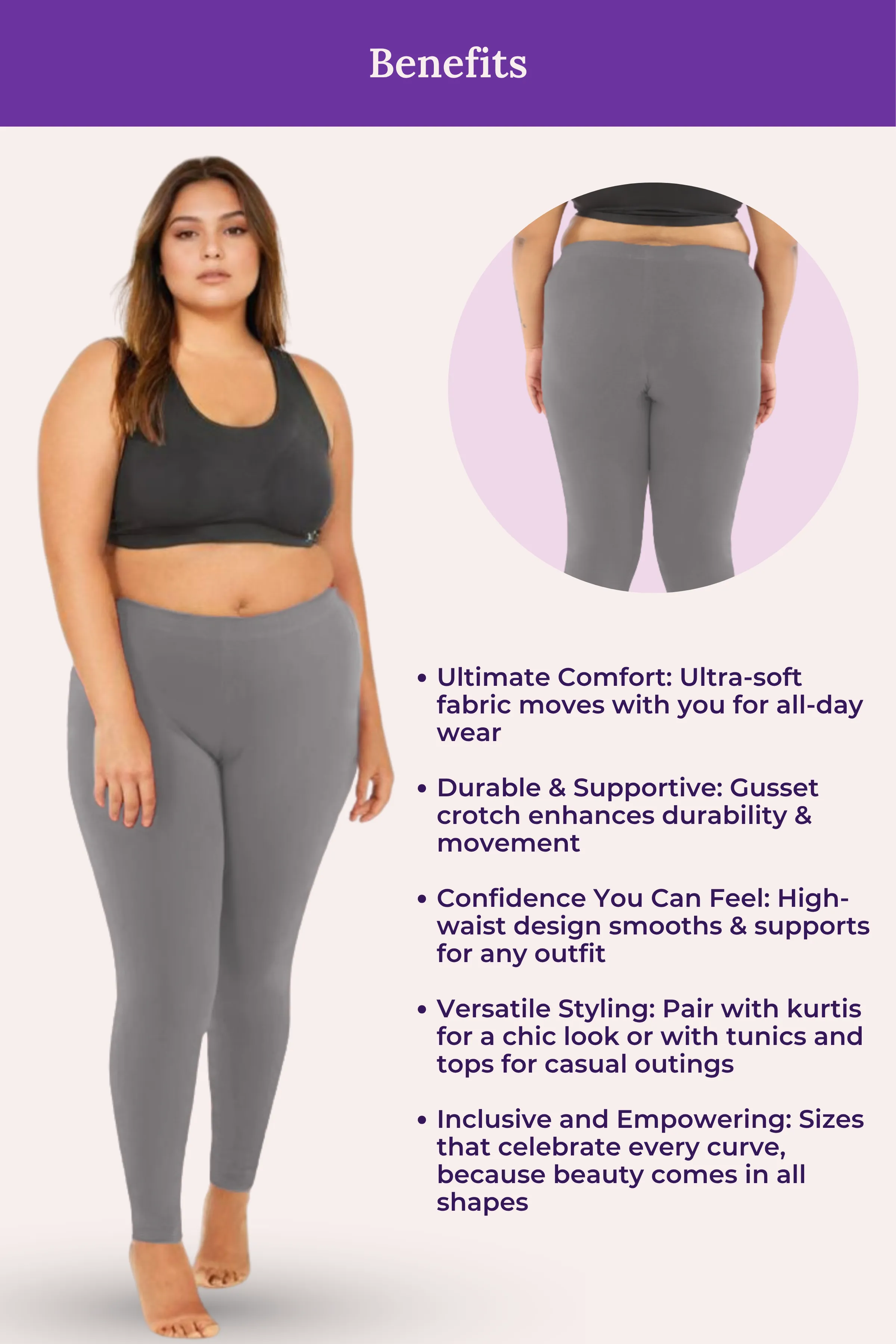 Plus Size Leggings For Women | Mid Waist | Ankle Length | Soft Cotton & Elastane Blend | Non-See-Through | Gusset Crotch Prevents Ripping - Image 6