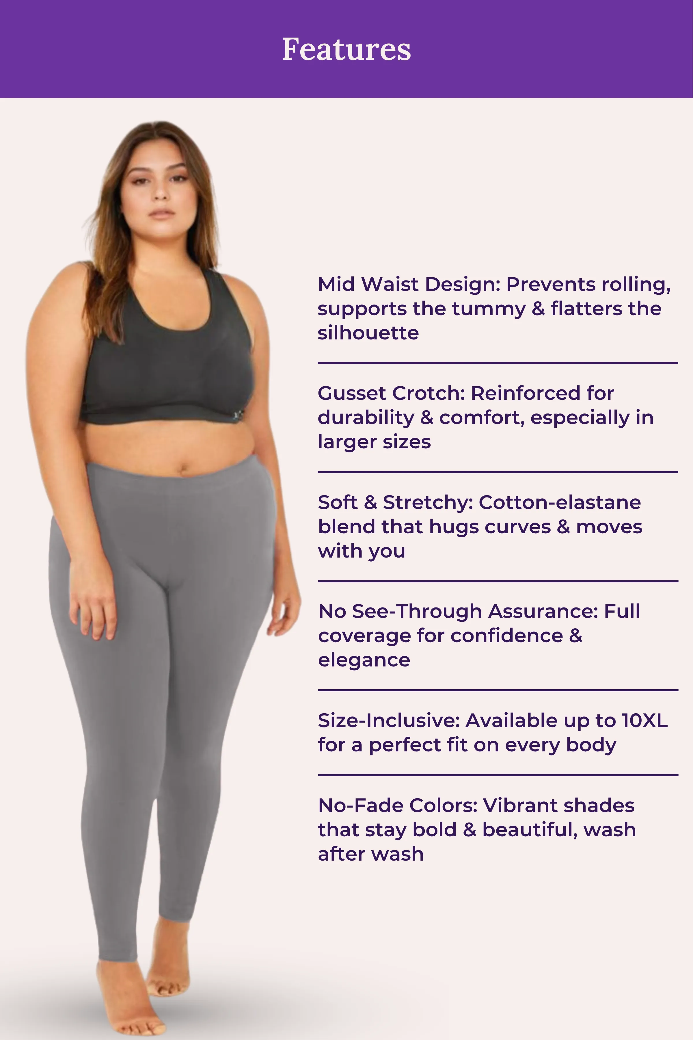 Plus Size Leggings For Women | Mid Waist | Ankle Length | Soft Cotton & Elastane Blend | Non-See-Through | Gusset Crotch Prevents Ripping - Image 7