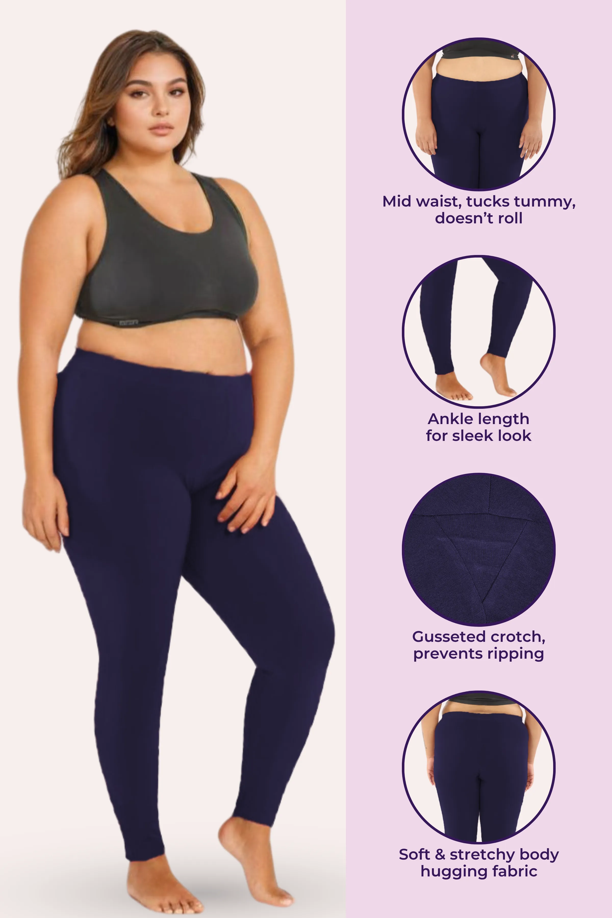 Plus Size Leggings For Women | Mid Waist | Ankle Length | Soft Cotton & Elastane Blend | Non-See-Through | Gusset Crotch Prevents Ripping - Image 2