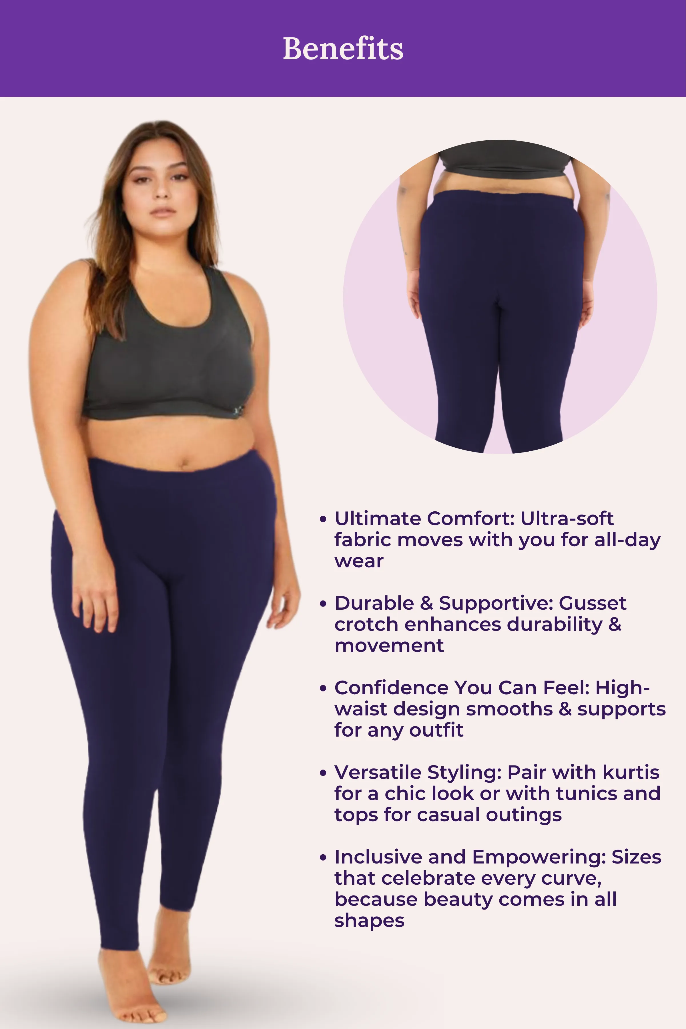 Plus Size Leggings For Women | Mid Waist | Ankle Length | Soft Cotton & Elastane Blend | Non-See-Through | Gusset Crotch Prevents Ripping - Image 6