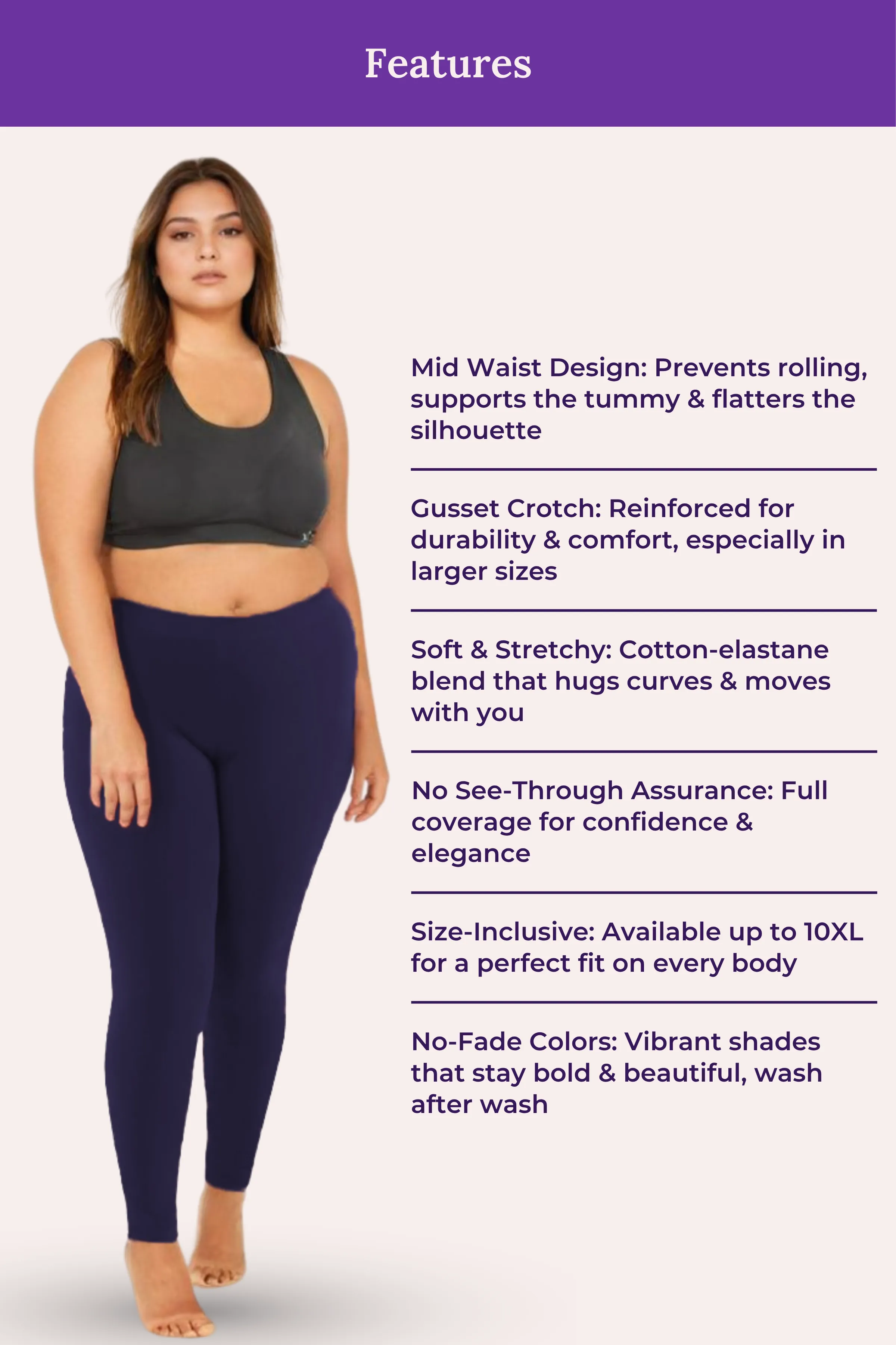 Plus Size Leggings For Women | Mid Waist | Ankle Length | Soft Cotton & Elastane Blend | Non-See-Through | Gusset Crotch Prevents Ripping - Image 7