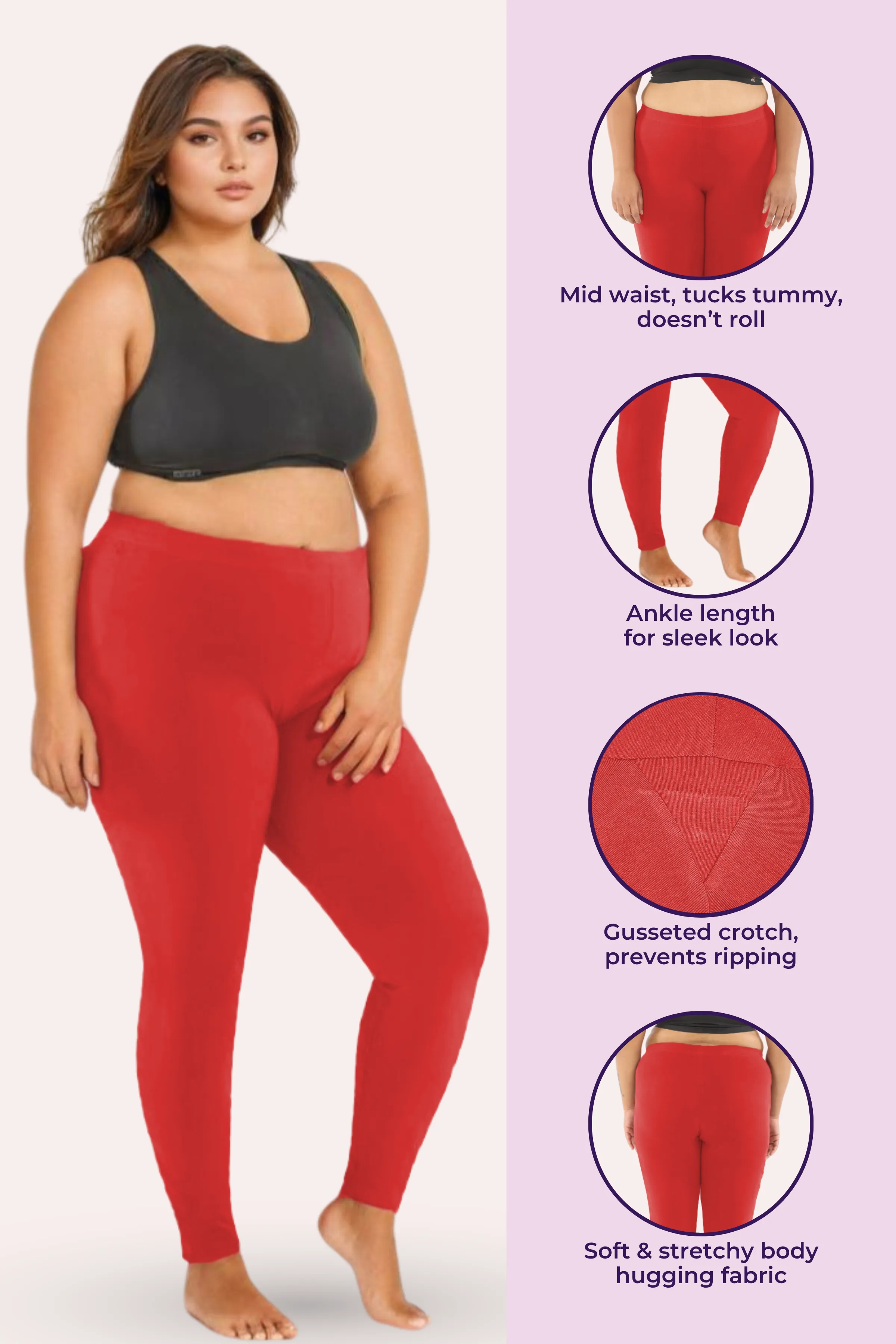 Plus Size Leggings For Women | Mid Waist | Ankle Length | Soft Cotton & Elastane Blend | Non-See-Through | Gusset Crotch Prevents Ripping - Image 2