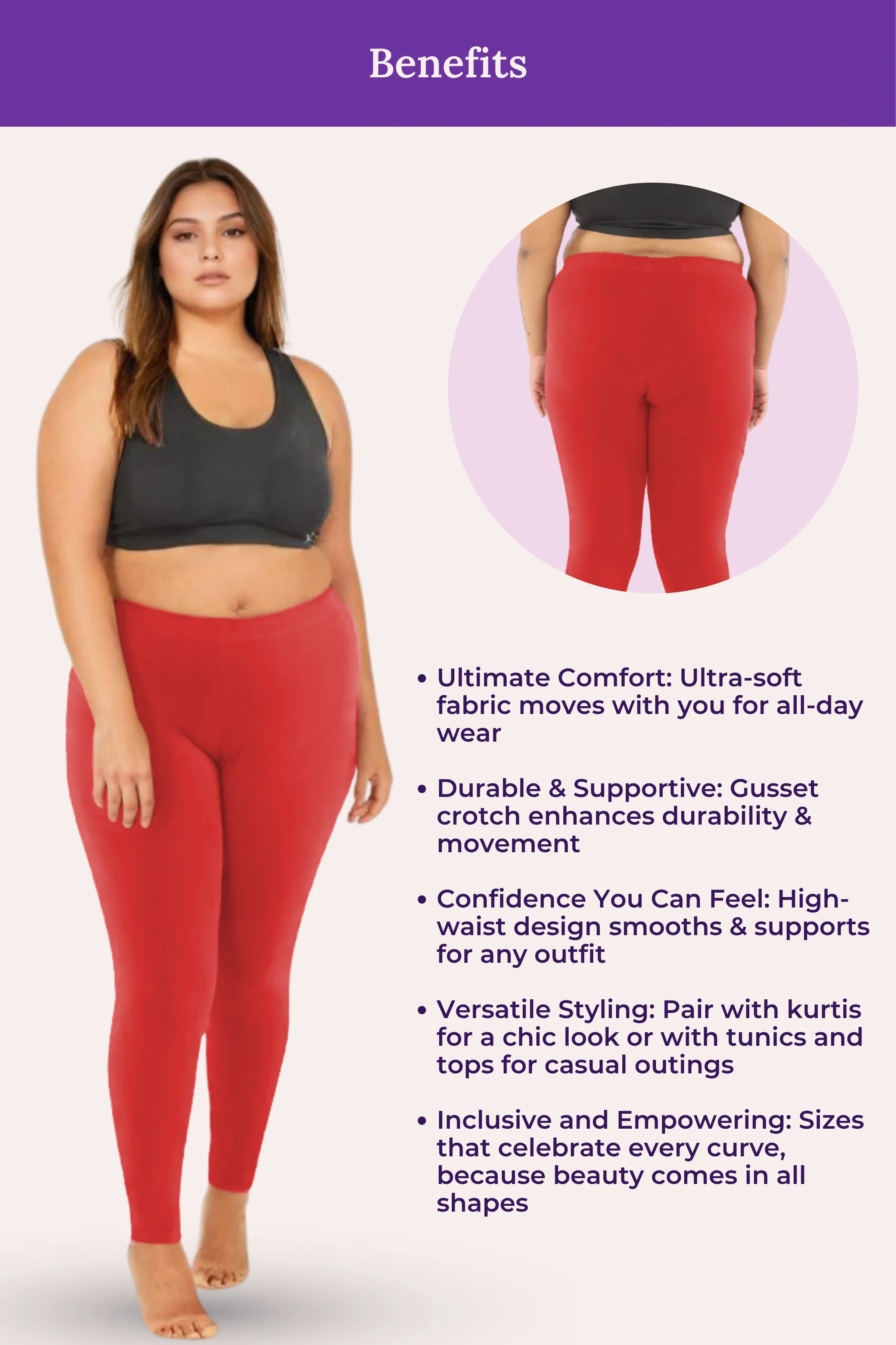 Plus Size Leggings For Women | Mid Waist | Ankle Length | Soft Cotton & Elastane Blend | Non-See-Through | Gusset Crotch Prevents Ripping - Image 6