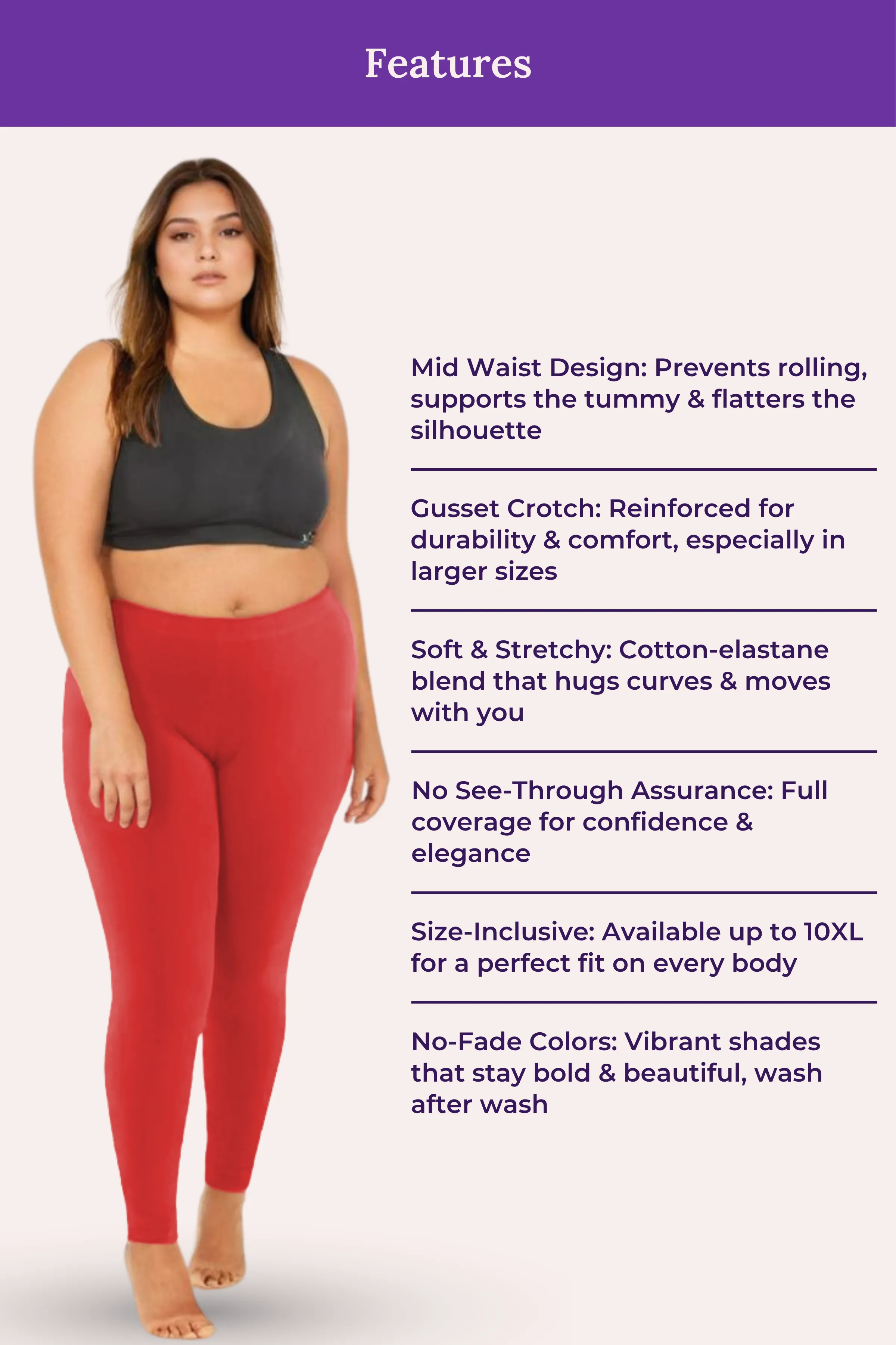 Plus Size Leggings For Women | Mid Waist | Ankle Length | Soft Cotton & Elastane Blend | Non-See-Through | Gusset Crotch Prevents Ripping - Image 7