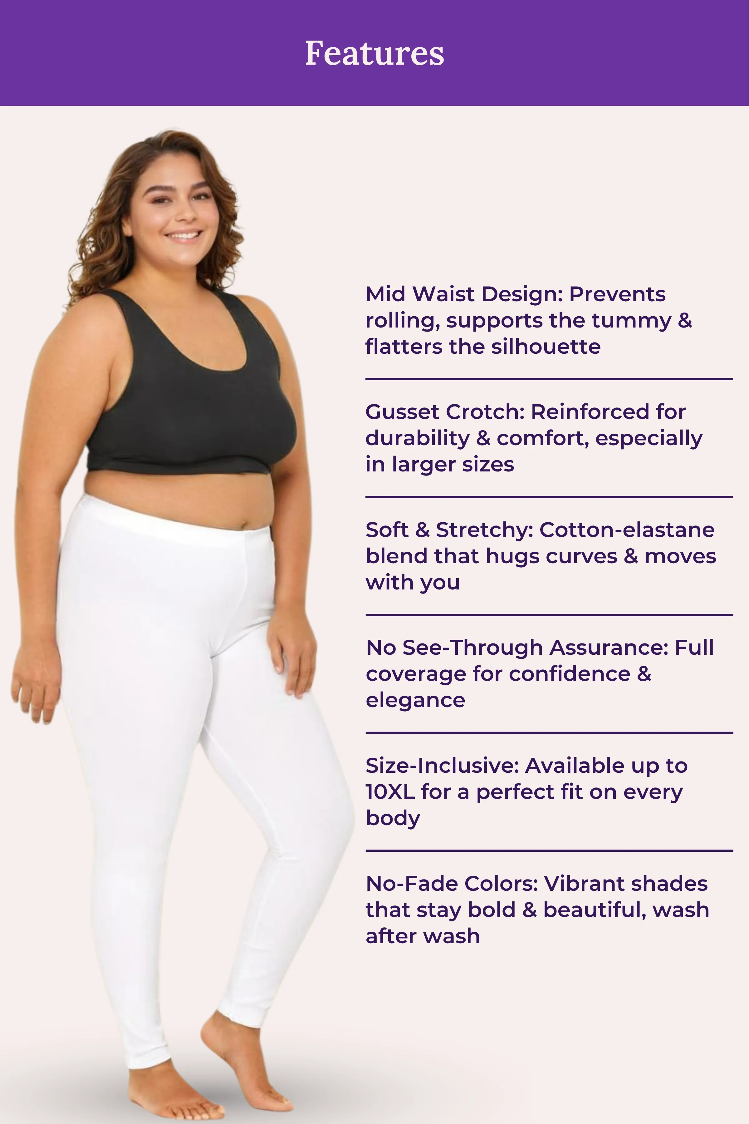 Plus Size Leggings For Women | Mid Waist | Ankle Length | Soft Cotton & Elastane Blend | Non-See-Through | Gusset Crotch Prevents Ripping - Image 7
