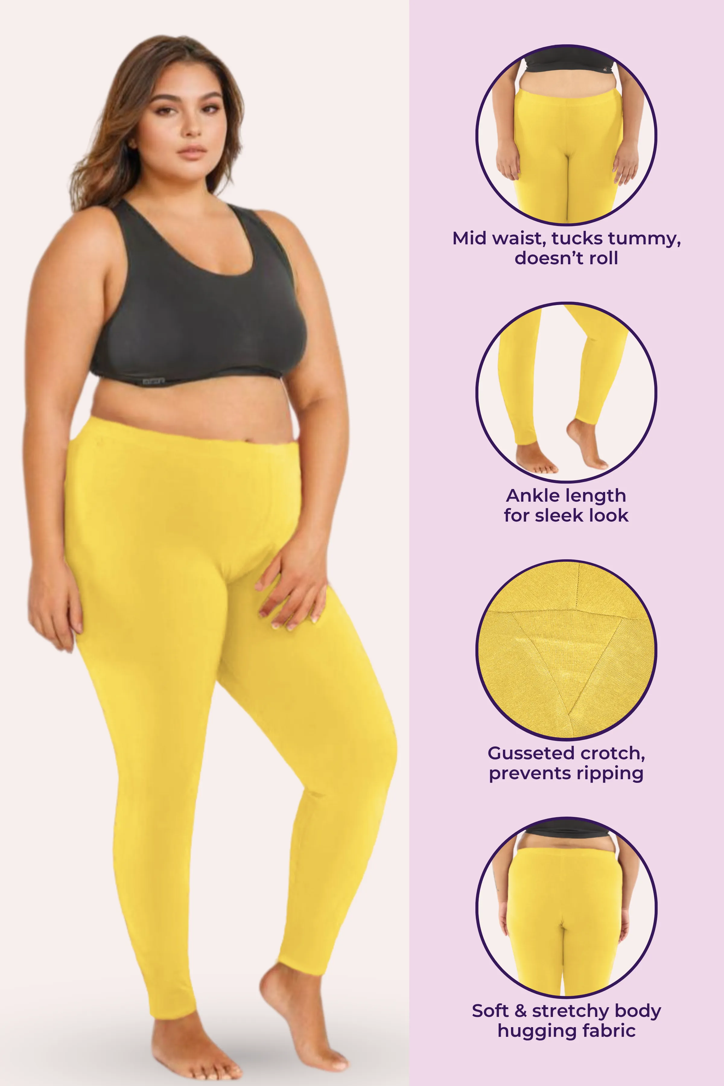 Plus Size Leggings For Women | Mid Waist | Ankle Length | Soft Cotton & Elastane Blend | Non-See-Through | Gusset Crotch Prevents Ripping - Image 2