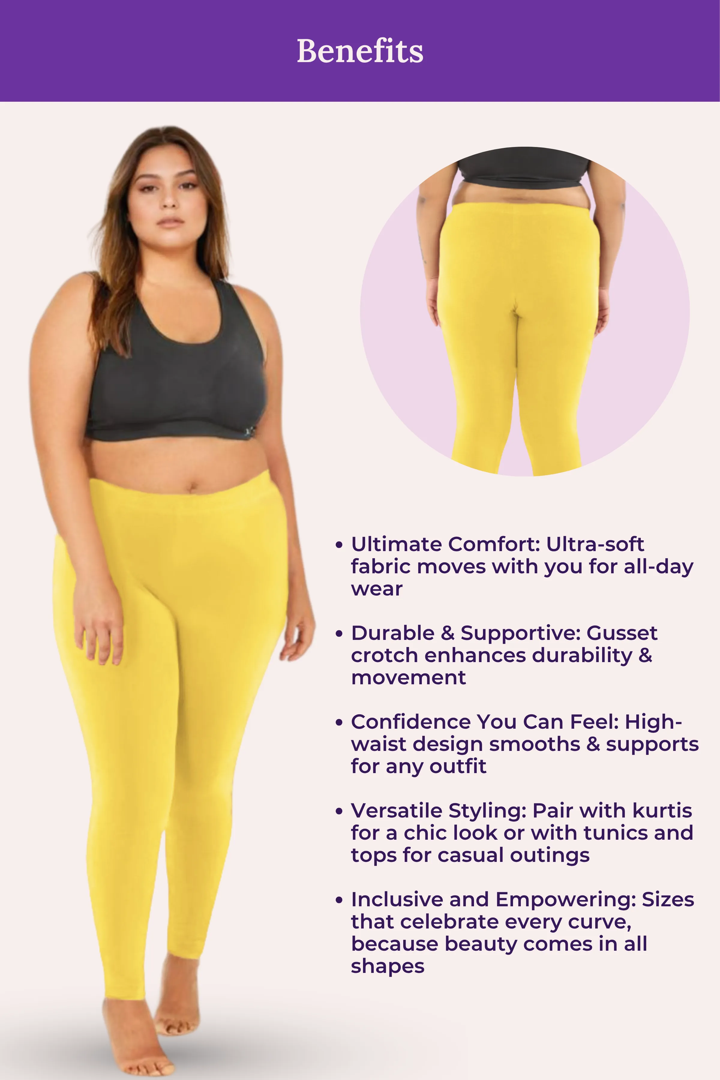Plus Size Leggings For Women | Mid Waist | Ankle Length | Soft Cotton & Elastane Blend | Non-See-Through | Gusset Crotch Prevents Ripping - Image 6
