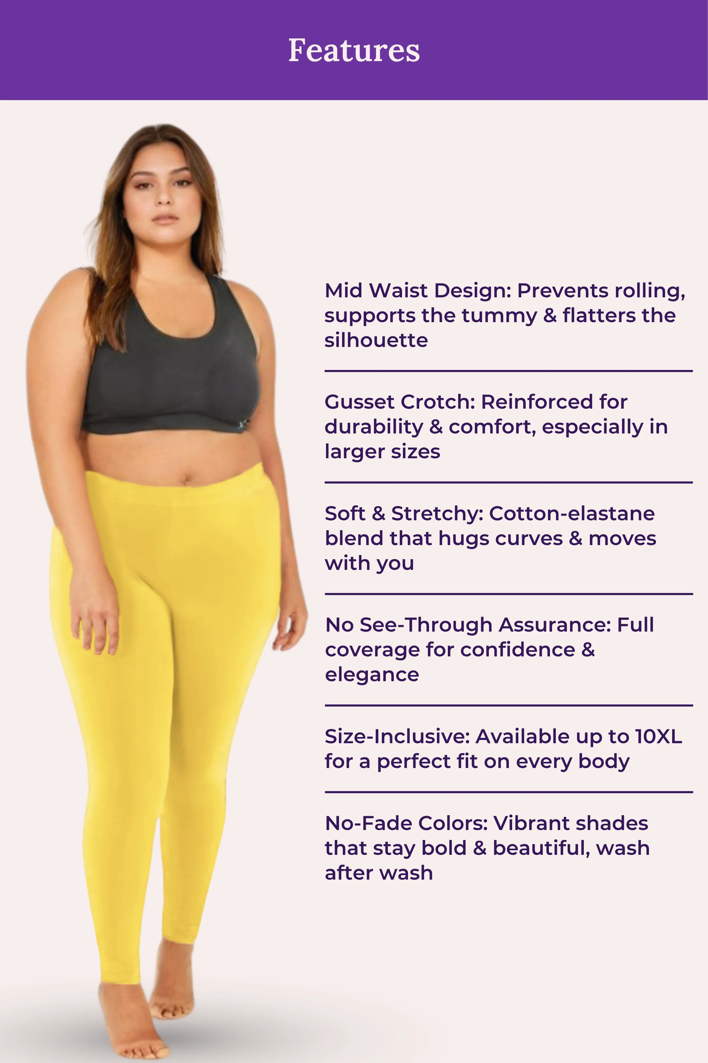 Plus Size Leggings For Women | Mid Waist | Ankle Length | Soft Cotton & Elastane Blend | Non-See-Through | Gusset Crotch Prevents Ripping - Image 7