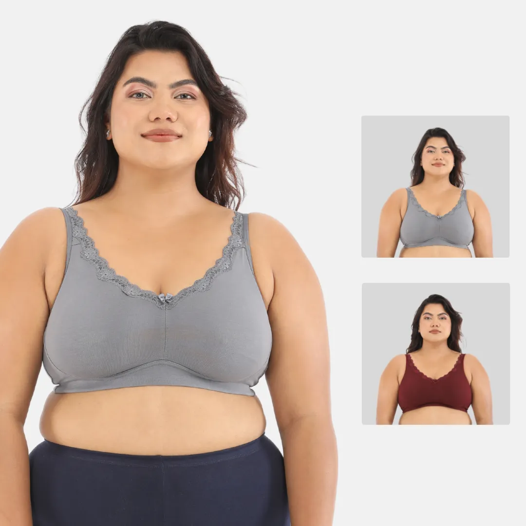 Day Bra For Curvy Women | Full Coverage | Wire-Free & Non-Padded | Seamless Cups | No Centre Panel/Gore | Back Hook & Eye Closure | Pack Of 2
