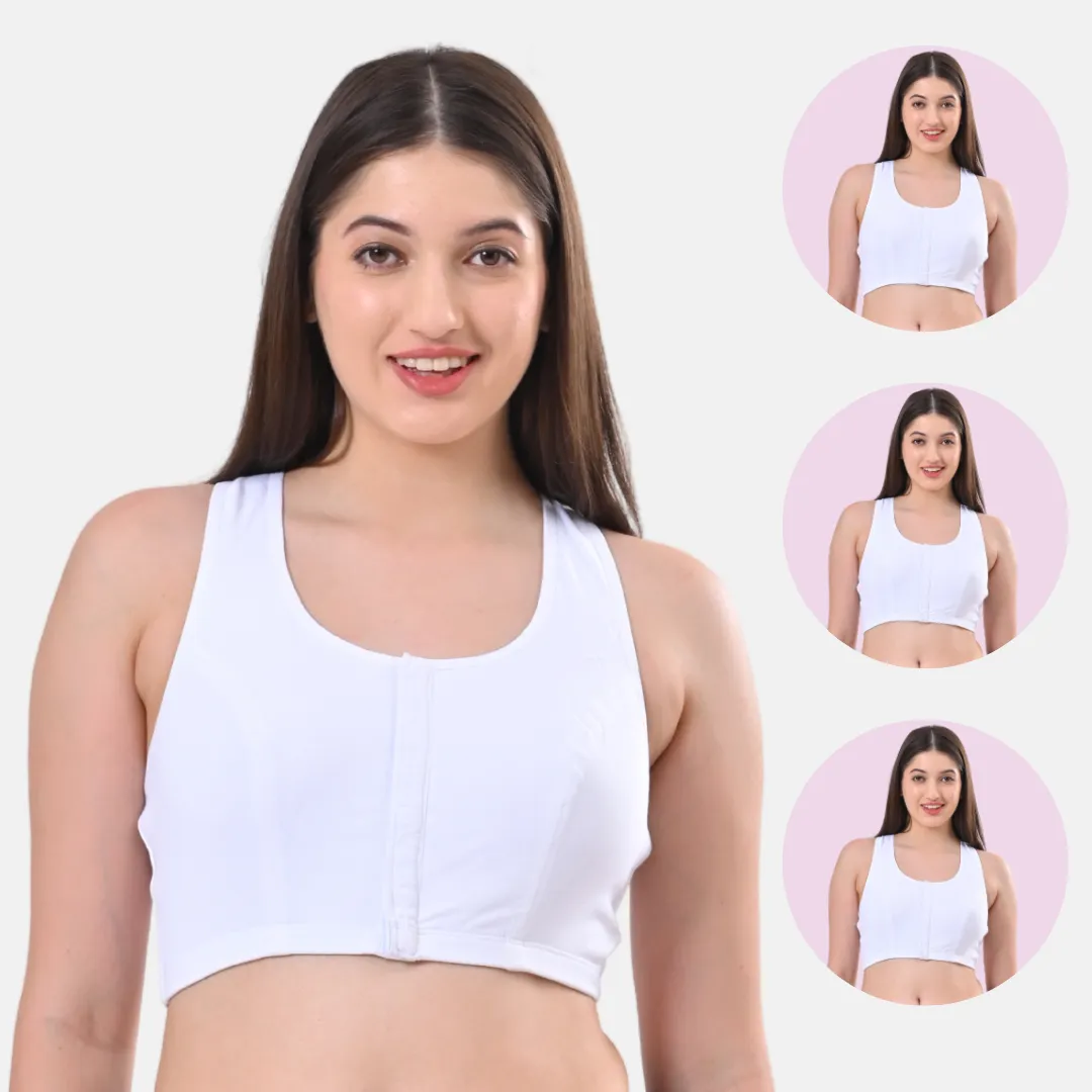 Post Surgery Bra | Front Open | Non Padded | Non Wired | Racerback | High Back Rise | Pack Of 3 - Image 11