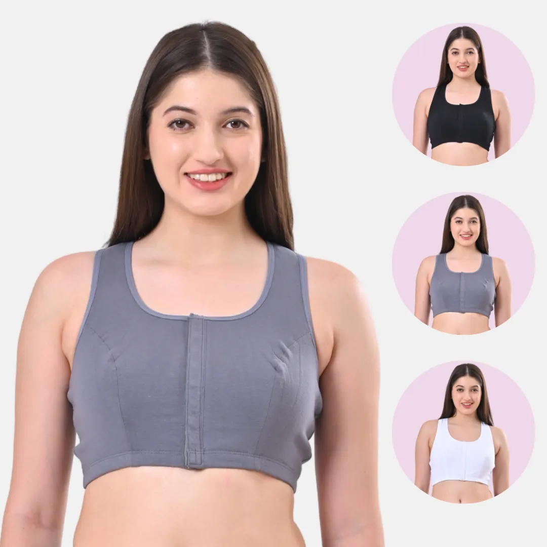 Post Surgery Bra | Front Open | Non Padded | Non Wired | Racerback | High Back Rise | Pack Of 3 - Image 12