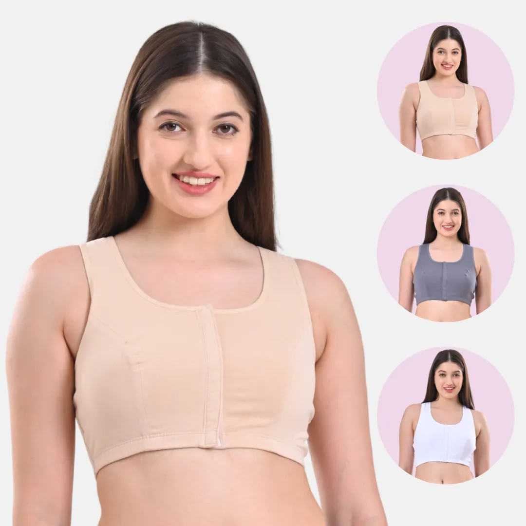 Post Surgery Bra | Front Open | Non Padded | Non Wired | Racerback | High Back Rise | Pack Of 3 - Image 13