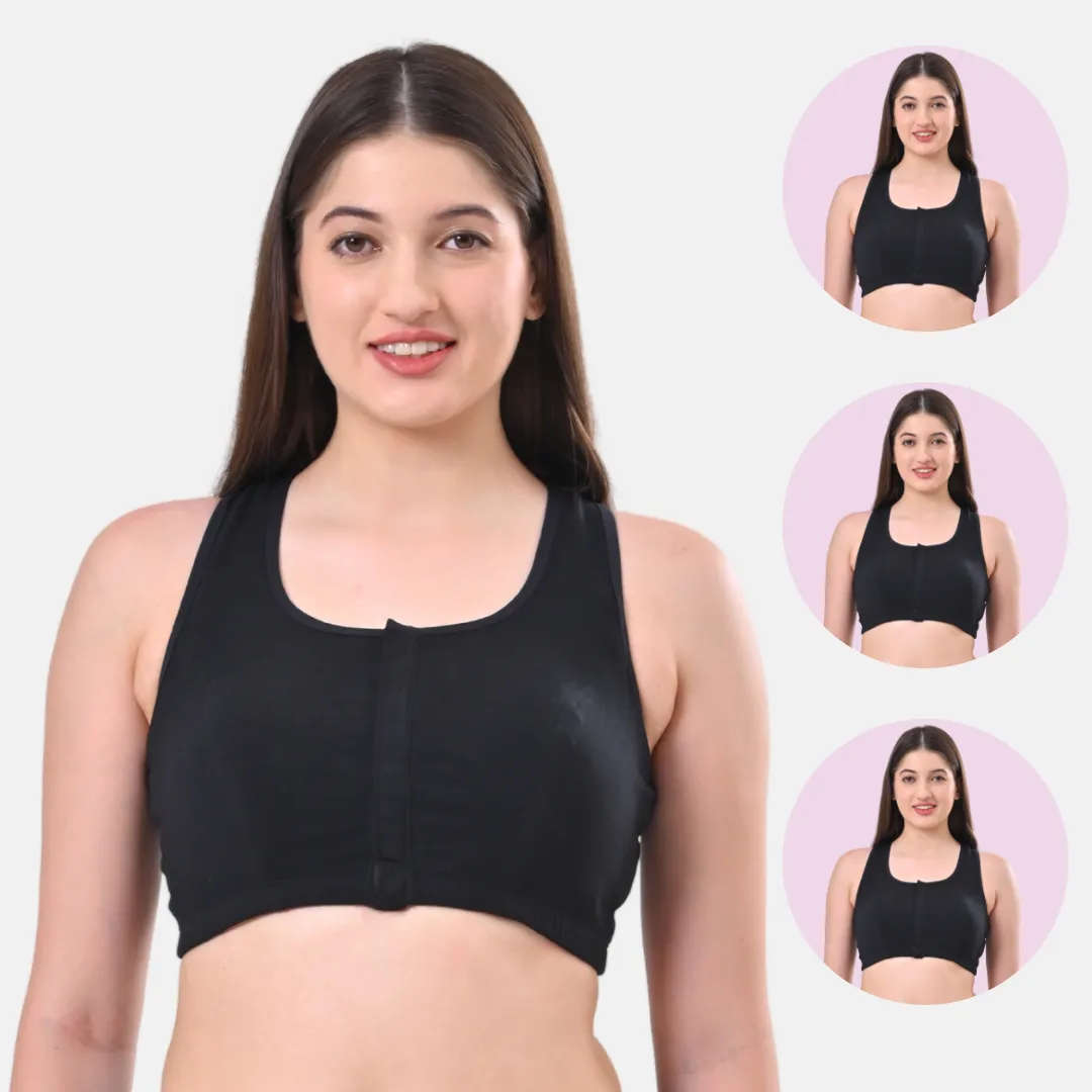 Post Surgery Bra | Front Open | Non Padded | Non Wired | Racerback | High Back Rise | Pack Of 3 - Image 9