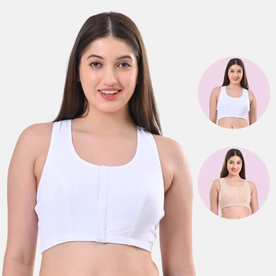 Post Surgery Bra | Front Open | Non Padded | Non Wired | Racerback | High Back Rise | Pack Of 2 - Image 12