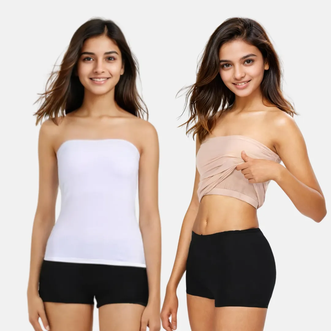 Tube Tank For Teens | Off-Shoulder Style | Built-In Bra | Secure Anti-Slip Elastic | Comfortable Support | Breathable Cotton Stretch | Modest Full Coverage | 2-Pack - Image 9