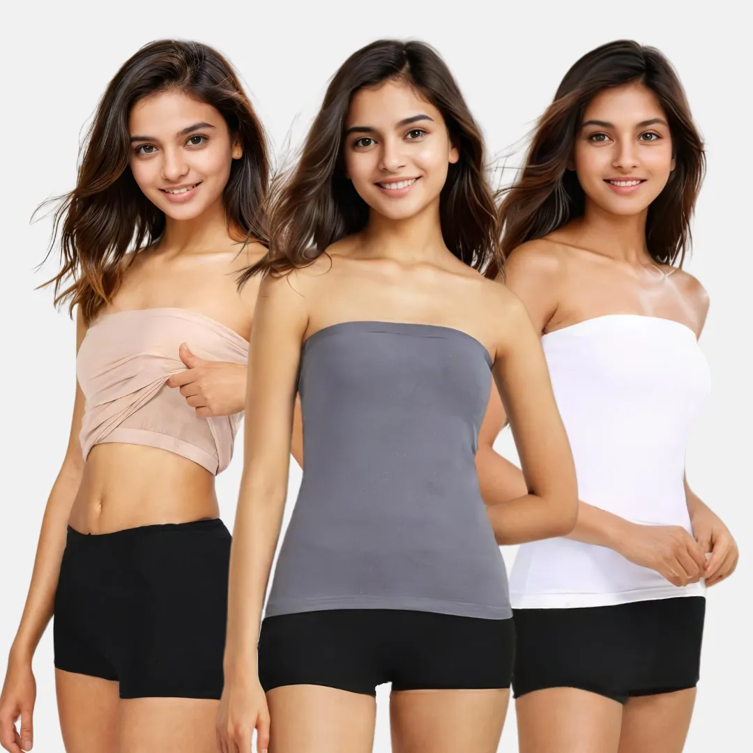 Tube Tank For Teens | Off-Shoulder Style | Built-In Bra | Secure Anti-Slip Elastic | Comfortable Support | Breathable Cotton Stretch | Modest Full Coverage | 3-Pack